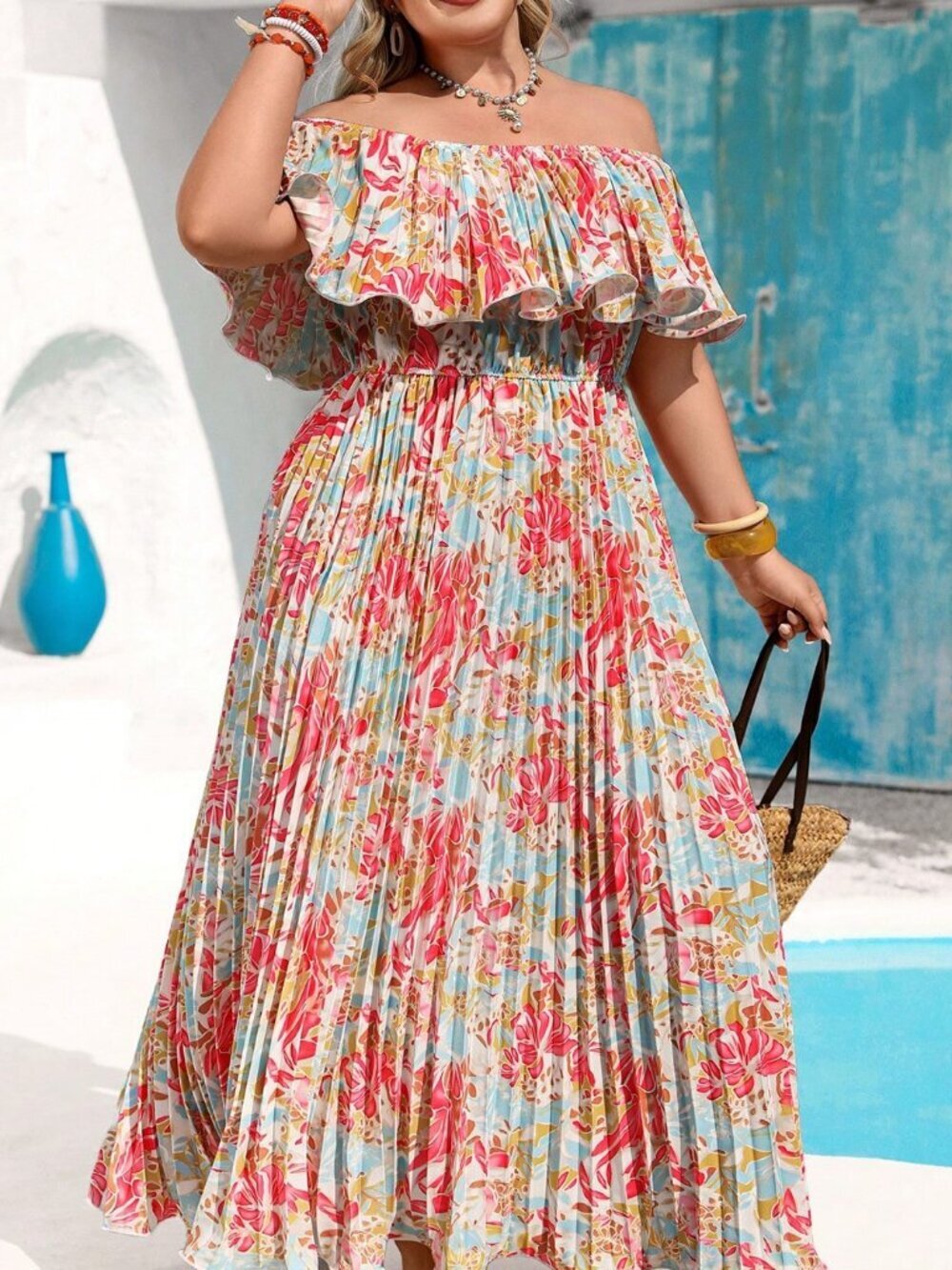 Pink Boho Plus Size Women's Floral Print Off-Shoulder Maxi Dress - Picture 9 of 11